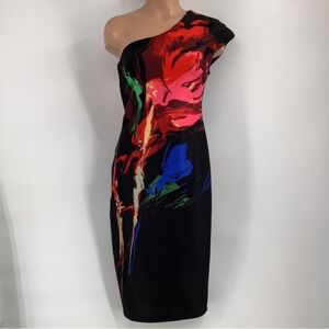 Bisou Bisou One-Shoulder Dress with Bold Red and Blue Print